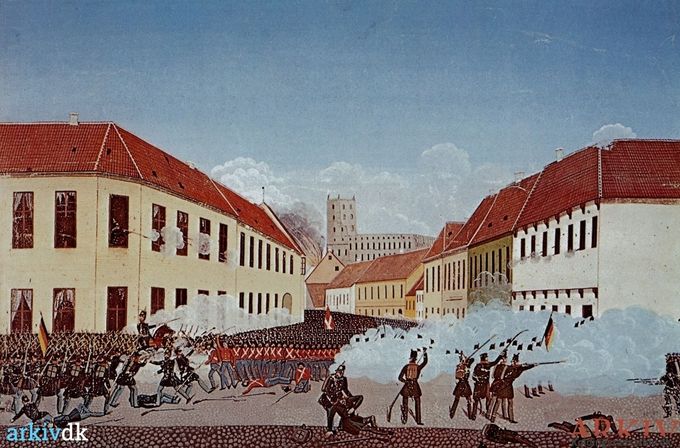 Kampen inde i byen ved Østergade og Helligkorsgade.