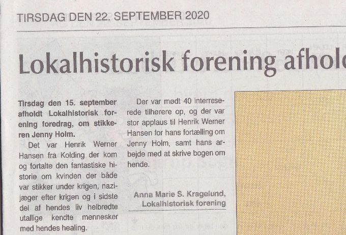 Foredrag om stikkeren Jenny Holm. 15.09.2020. Henrik Werner Hansen holdt foredraget om 